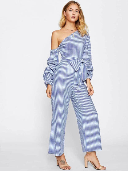 Asymmetric Shoulder Bow Waist Gathered Sleeve Jumpsuit Periwinkley Shop