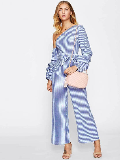 Asymmetric Shoulder Bow Waist Gathered Sleeve Jumpsuit Periwinkley Shop