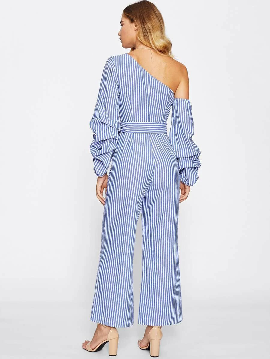 Asymmetric Shoulder Bow Waist Gathered Sleeve Jumpsuit Periwinkley Shop