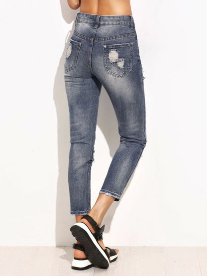 Ripped Letter Print Skinny Jeans Periwinkley Shop