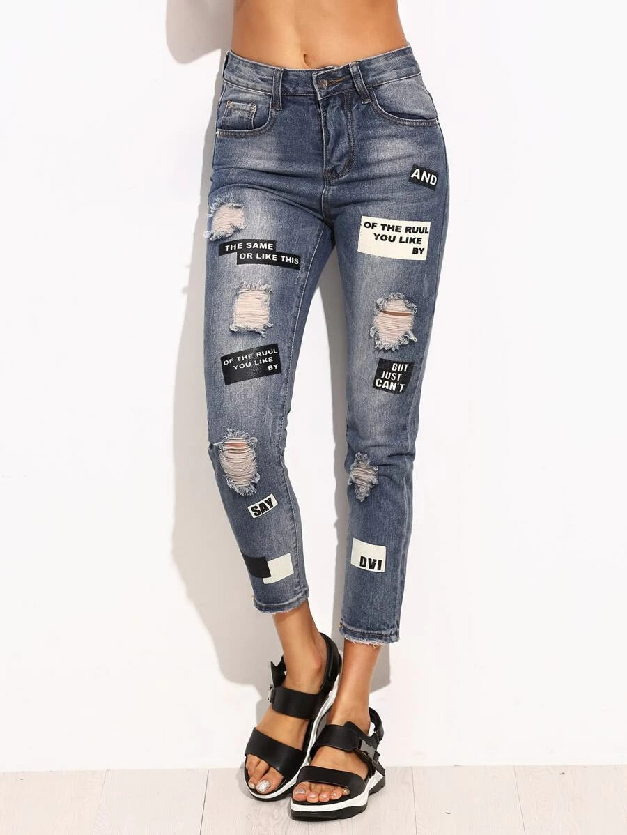 Ripped Letter Print Skinny Jeans Periwinkley Shop