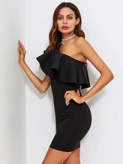 One Shoulder Flounce Form Fitting Dress Periwinkley Shop