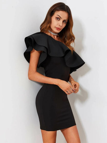 One Shoulder Flounce Form Fitting Dress Periwinkley Shop