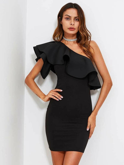 One Shoulder Flounce Form Fitting Dress Periwinkley Shop