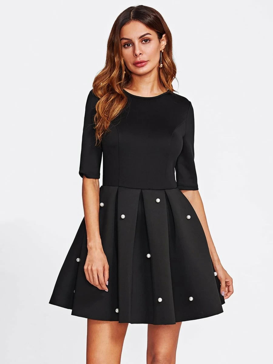 Pearl Beading Boxed Pleated Dress Periwinkley Shop