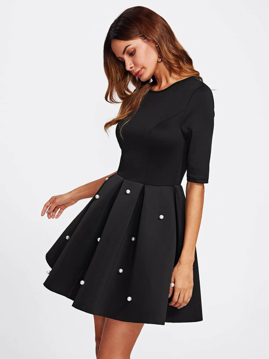 Pearl Beading Boxed Pleated Dress Periwinkley Shop