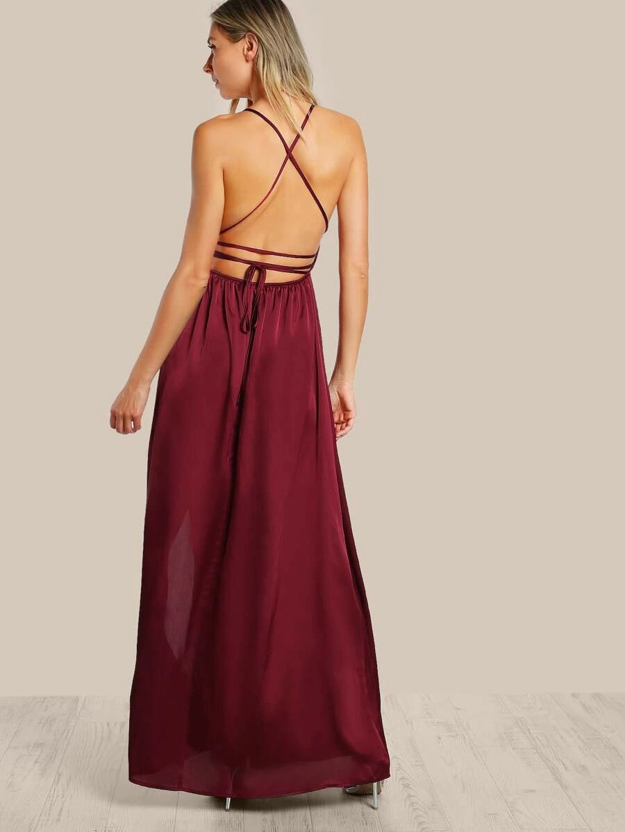 Crisscross Backless High Slit Cami Satin Dress Periwinkley Shop
