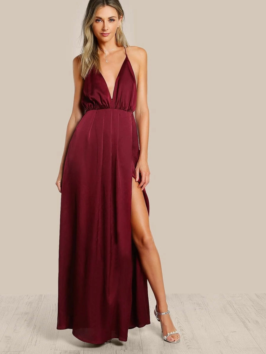 Crisscross Backless High Slit Cami Satin Dress Periwinkley Shop