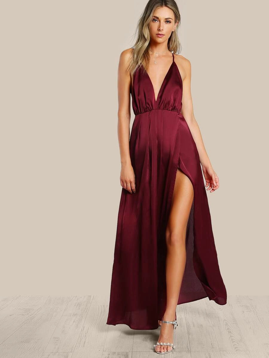 Crisscross Backless High Slit Cami Satin Dress Periwinkley Shop