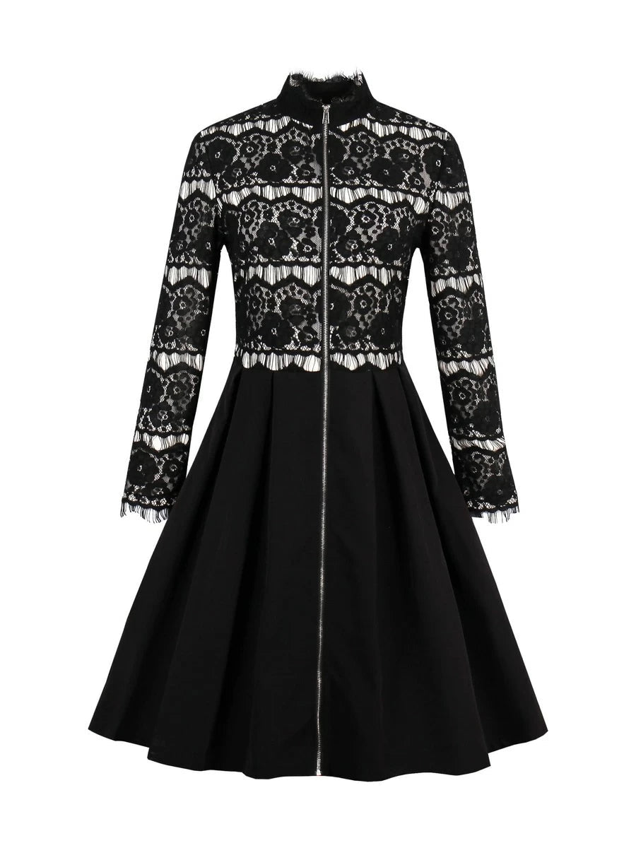 Eyelash Lace Panel Zip Up Flare Dress Periwinkley Shop