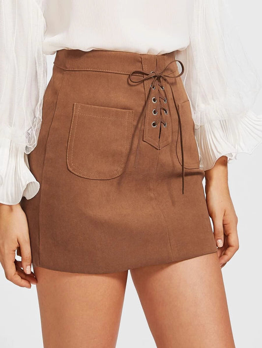 Grommet Lace Up Dual Pocket Skirt Periwinkley Shop