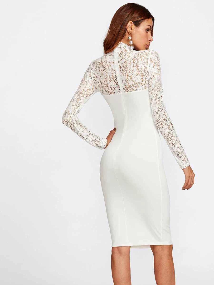 Guipure Lace Yoke High Neck Bodycon Dress Periwinkley Shop