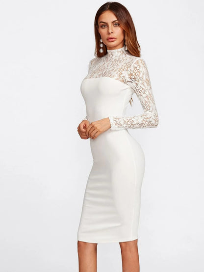 Guipure Lace Yoke High Neck Bodycon Dress Periwinkley Shop