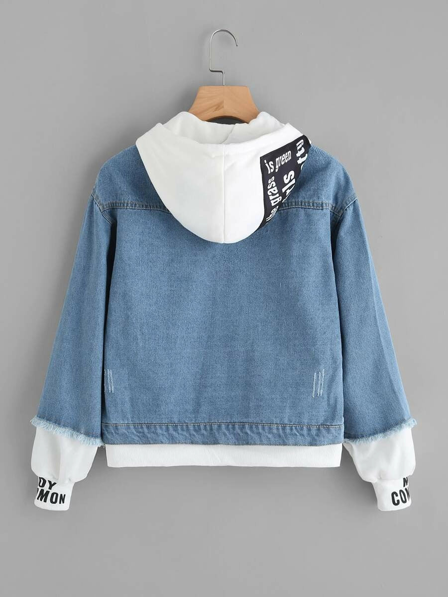 2 In 1 Ribbed Knit Trim Hooded Denim Jacket Periwinkley Shop