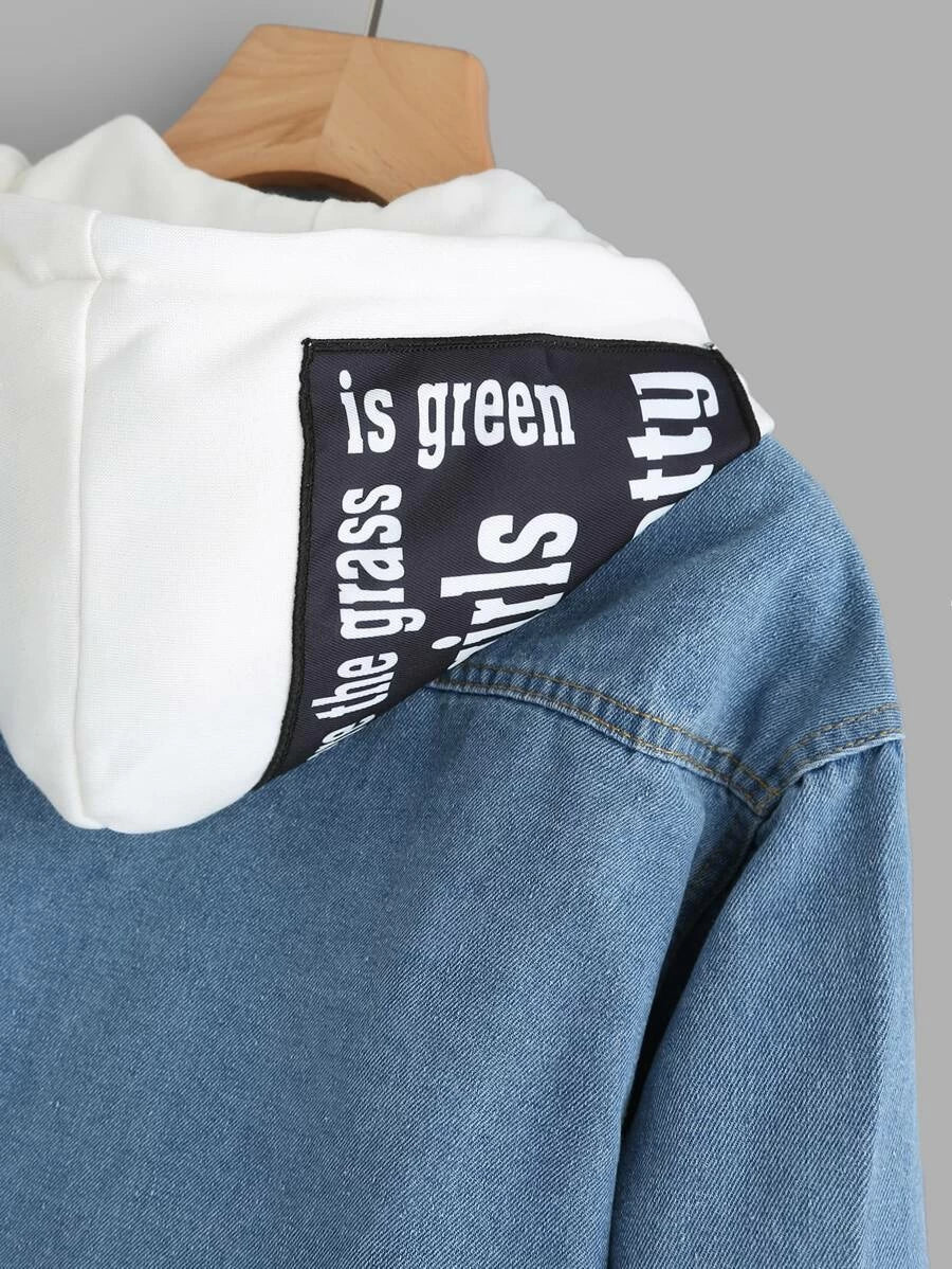 2 In 1 Ribbed Knit Trim Hooded Denim Jacket Periwinkley Shop