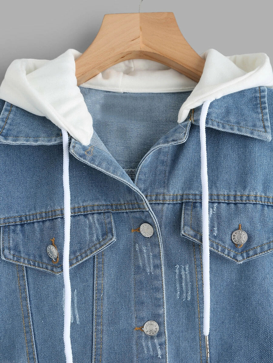 2 In 1 Ribbed Knit Trim Hooded Denim Jacket Periwinkley Shop