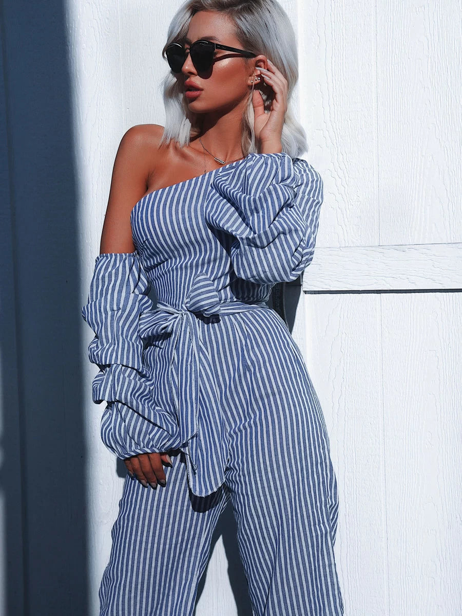 Asymmetric Shoulder Bow Waist Gathered Sleeve Jumpsuit Periwinkley Shop