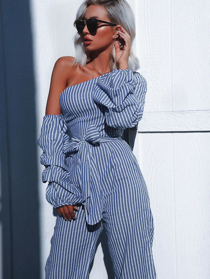 Asymmetric Shoulder Bow Waist Gathered Sleeve Jumpsuit Periwinkley Shop