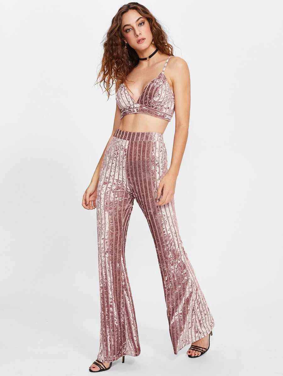 Zip Back Crushed Velvet Bra & Flare Pants Set Periwinkley Shop