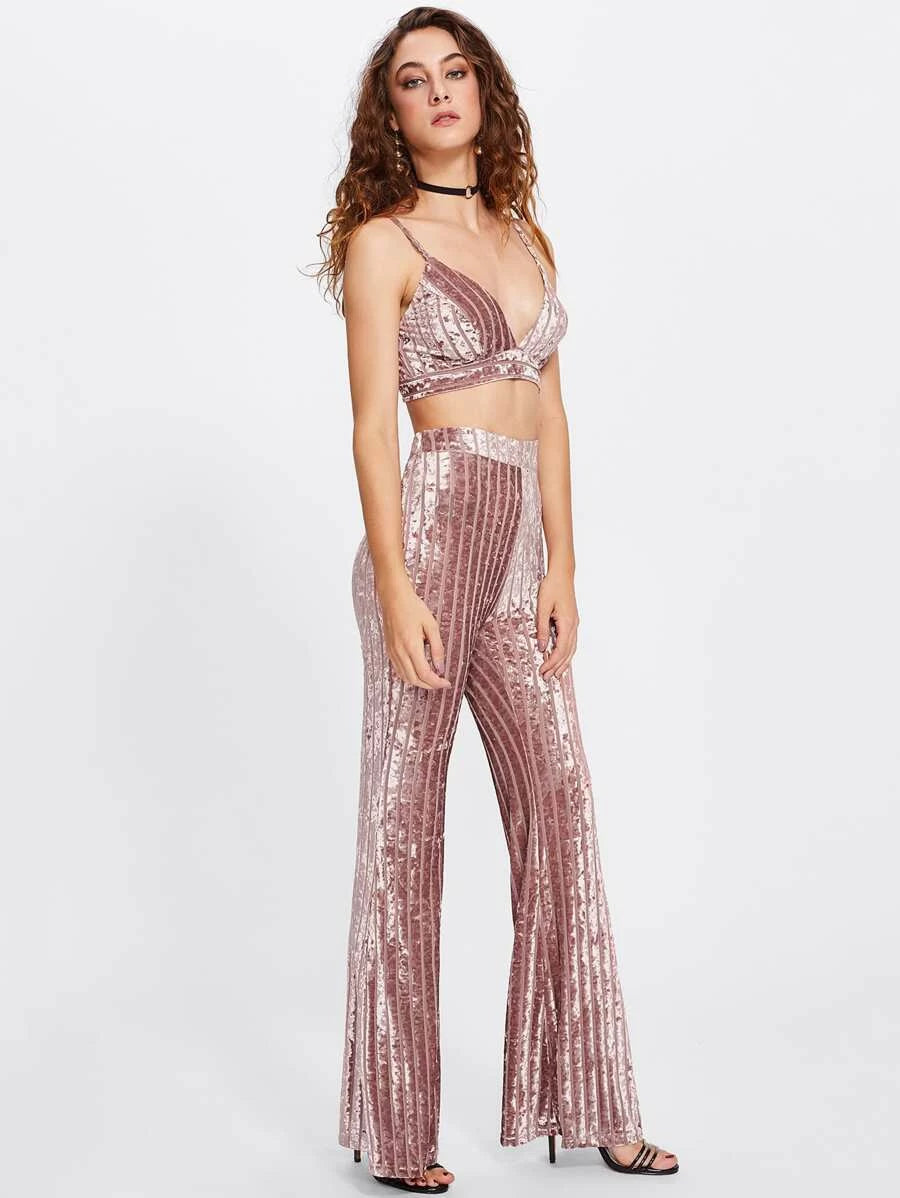 Zip Back Crushed Velvet Bra & Flare Pants Set Periwinkley Shop