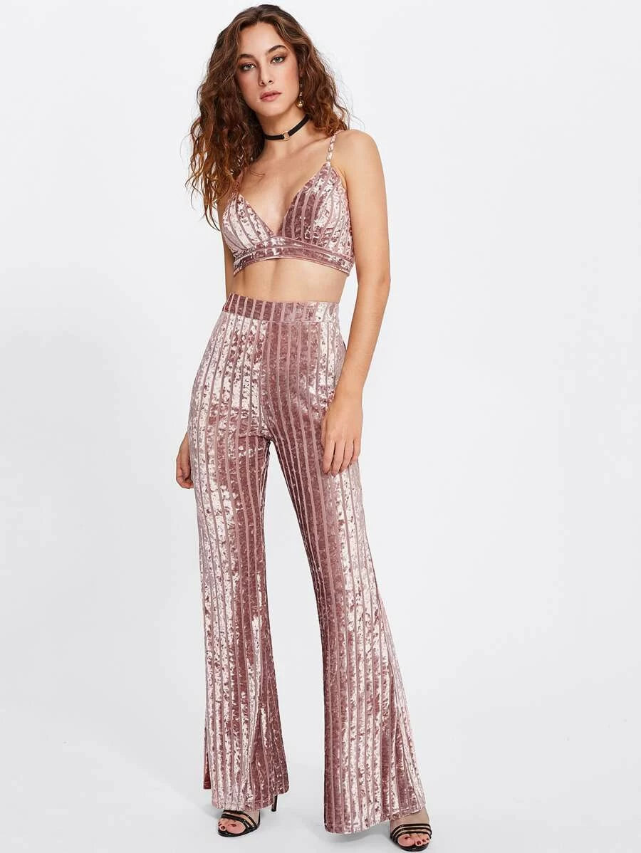 Zip Back Crushed Velvet Bra & Flare Pants Set Periwinkley Shop
