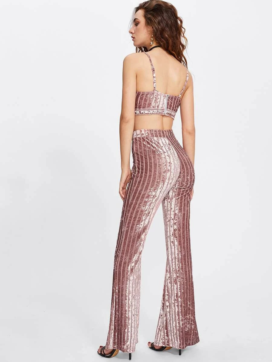 Zip Back Crushed Velvet Bra & Flare Pants Set Periwinkley Shop