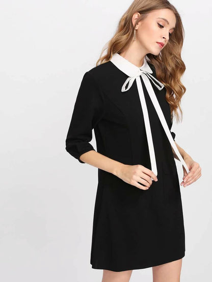 Contrast Collar Tie Neck Pocket Patch Dress Periwinkley Shop