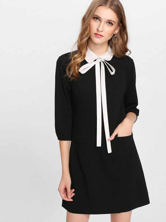 Contrast Collar Tie Neck Pocket Patch Dress Periwinkley Shop