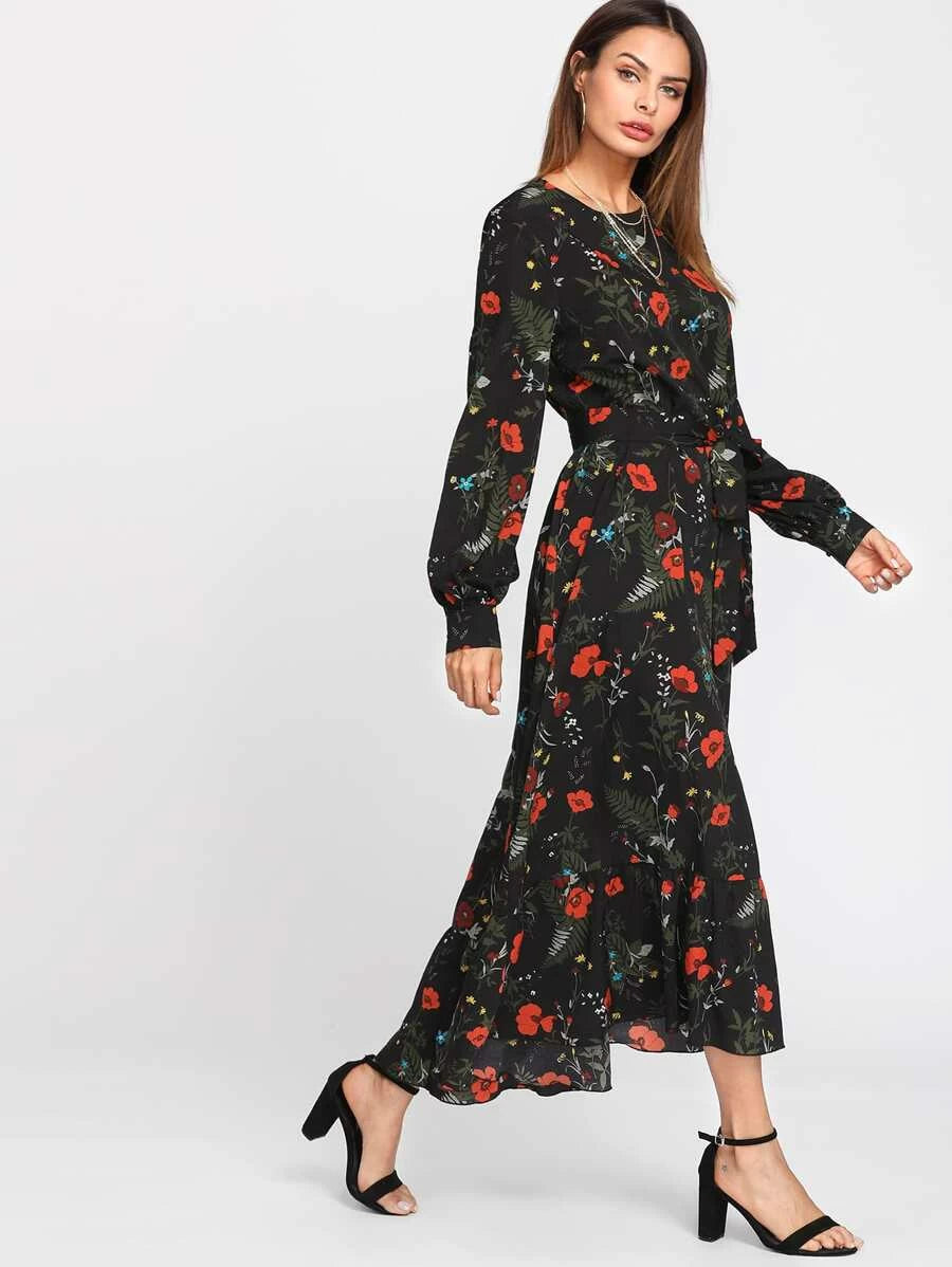 Botanical Print Belted Hijab Long Dress Periwinkley Shop