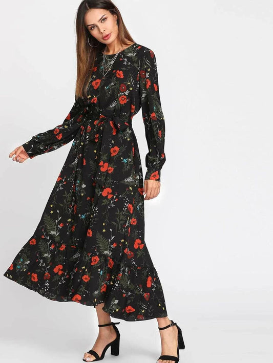 Botanical Print Belted Hijab Long Dress Periwinkley Shop