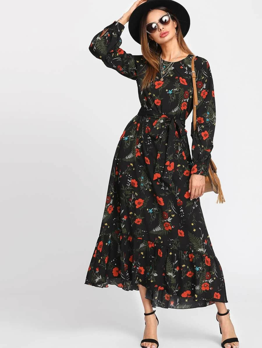 Botanical Print Belted Hijab Long Dress Periwinkley Shop
