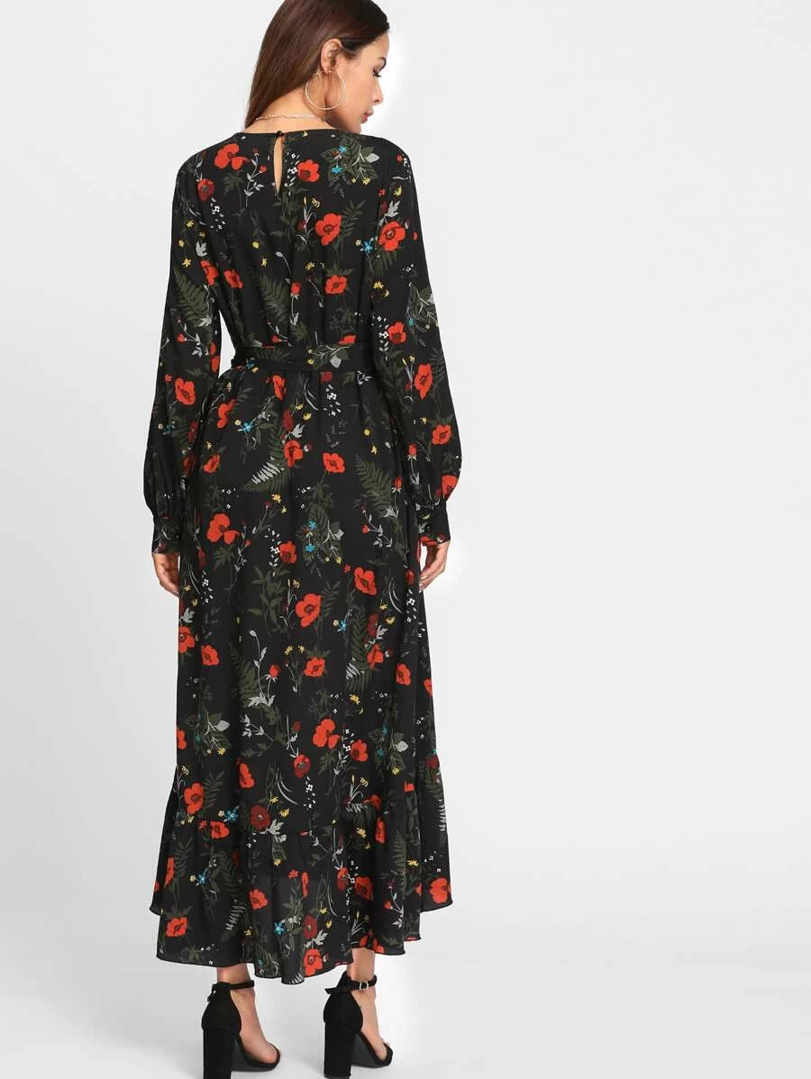 Botanical Print Belted Hijab Long Dress Periwinkley Shop