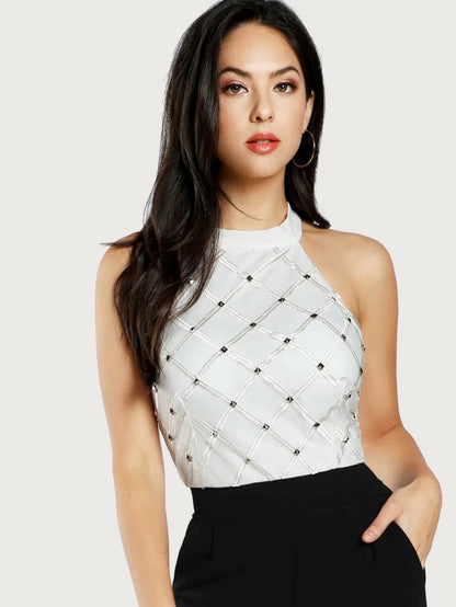 Riveted Plaid Embellished Halter Fitted Jumpsuit Periwinkley Shop