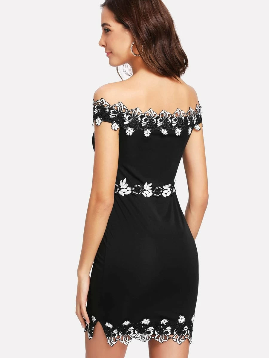 Floral Lace Trim Bardot Dress Periwinkley Shop