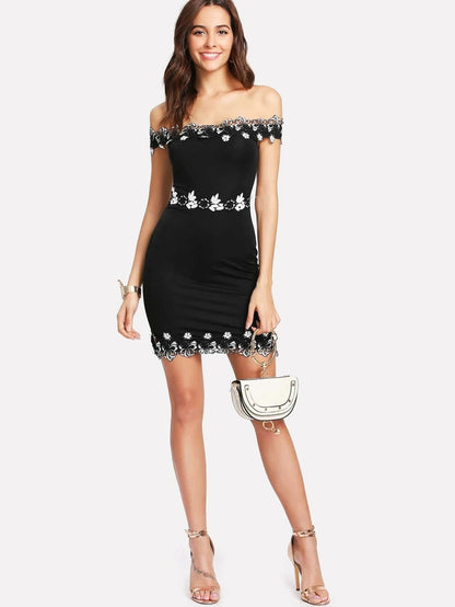 Floral Lace Trim Bardot Dress Periwinkley Shop