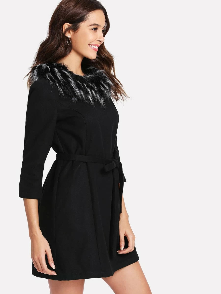 Detachable Faux Fur Collar Belted Dress Periwinkley Shop