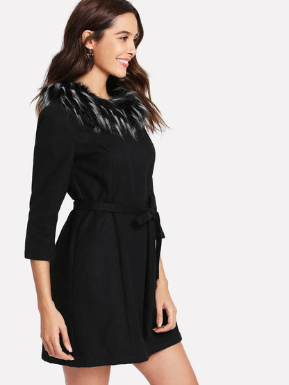 Detachable Faux Fur Collar Belted Dress Periwinkley Shop