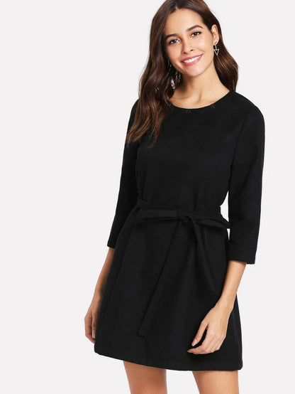 Detachable Faux Fur Collar Belted Dress Periwinkley Shop