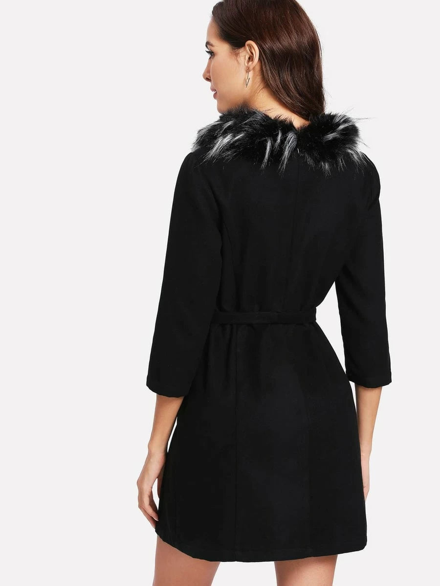 Detachable Faux Fur Collar Belted Dress Periwinkley Shop
