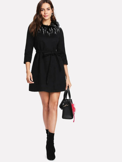 Detachable Faux Fur Collar Belted Dress Periwinkley Shop