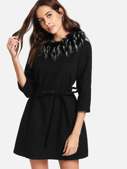 Detachable Faux Fur Collar Belted Dress Periwinkley Shop