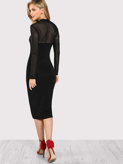 Mock Neck Mesh Panel Midi Dress Periwinkley Shop