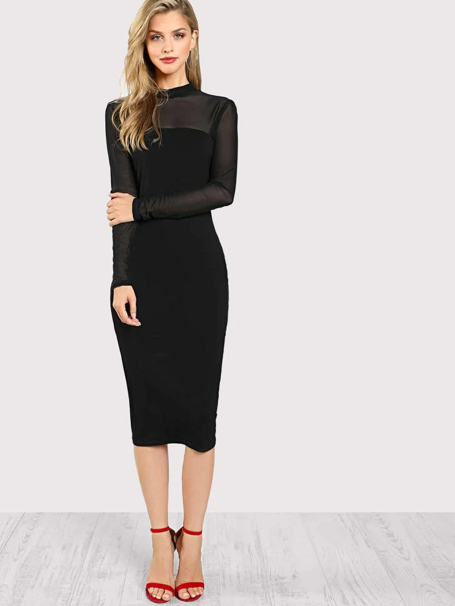 Mock Neck Mesh Panel Midi Dress Periwinkley Shop