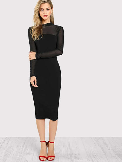 Mock Neck Mesh Panel Midi Dress Periwinkley Shop