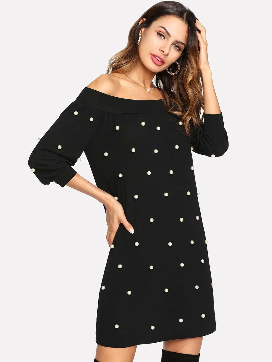 Pearl Beading Bardot Dress Periwinkley Shop