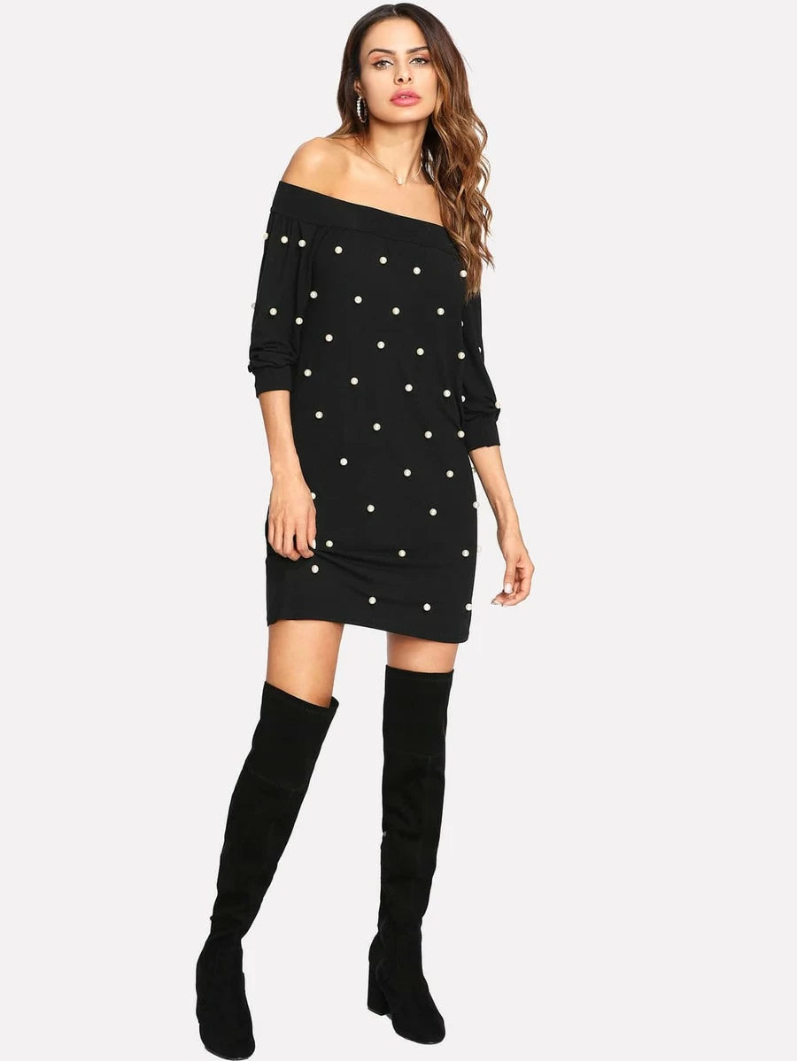 Pearl Beading Bardot Dress Periwinkley Shop