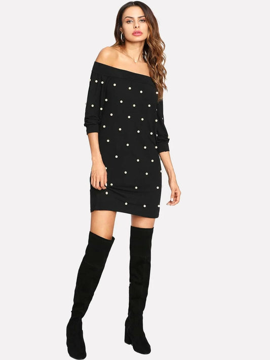 Pearl Beading Bardot Dress Periwinkley Shop