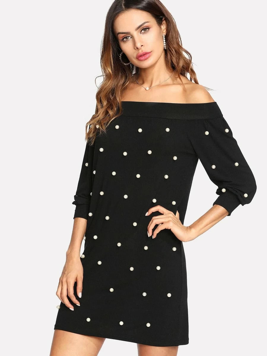 Pearl Beading Bardot Dress Periwinkley Shop