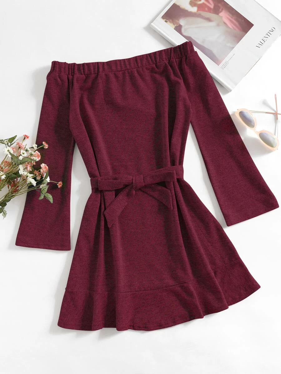 Off Shoulder Tie Waist Dress Periwinkley Shop