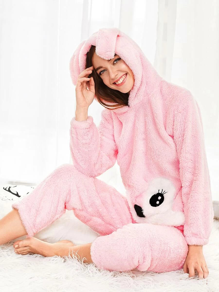 Rabbit Ear Hooded Top And Pants Pajama Set Periwinkley Shop